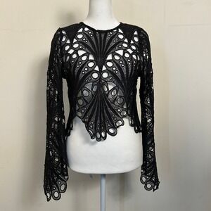INA Lace Top Black Guipure Cutout Long Sleeve Cropped Blouse Small